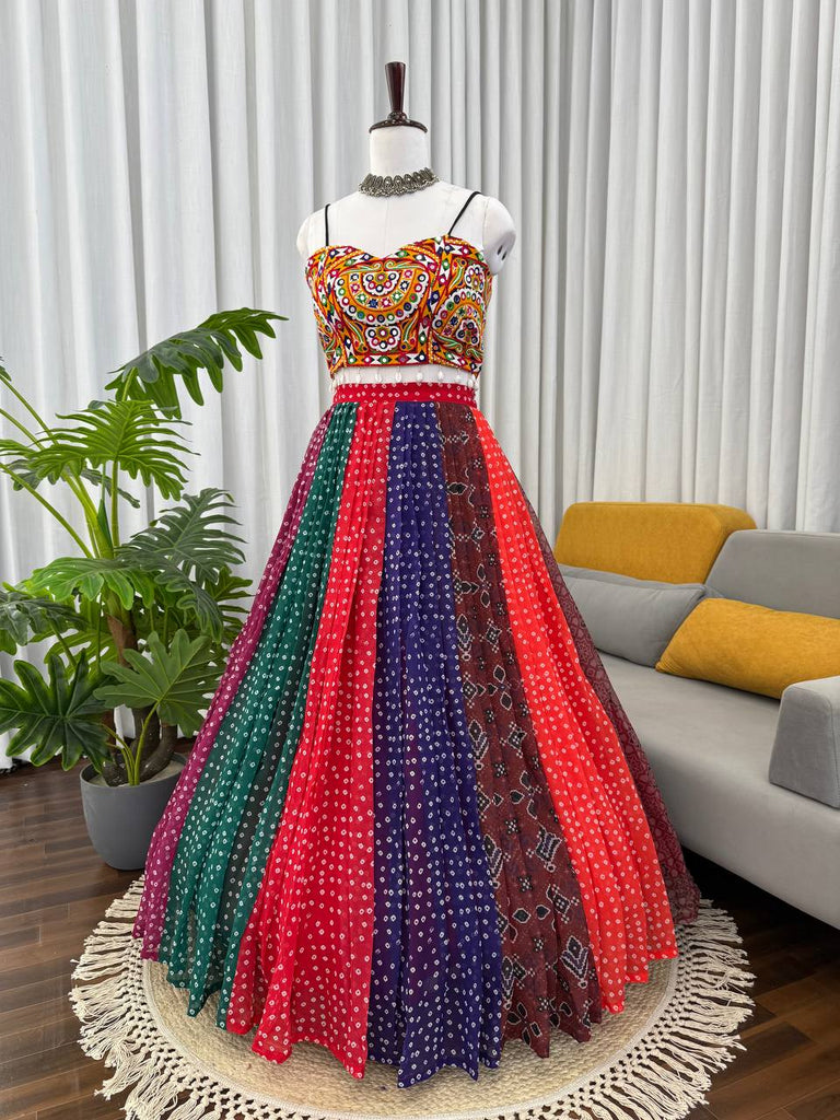 Multi Colour Designer Faux Georgette Lehenga with Digital Print & Mirror Work Blouse ClothsVilla