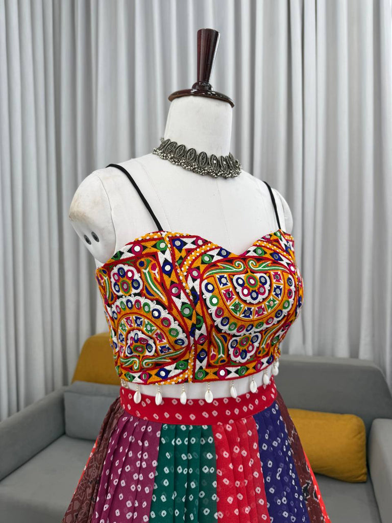 Multi Colour Designer Faux Georgette Lehenga with Digital Print & Mirror Work Blouse ClothsVilla