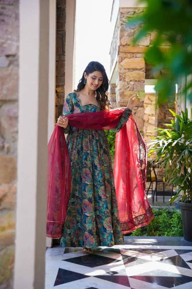 Multi Colour Designer Muslin Digital Print Kali-Cut Suit Set with Georgette Dupatta ClothsVilla
