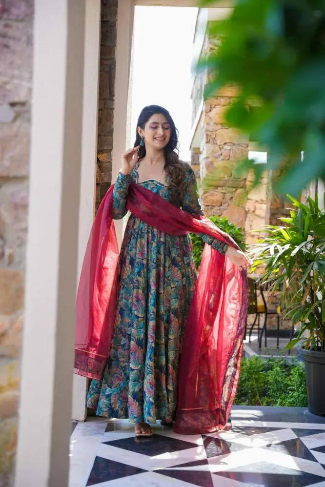 Multi Colour Designer Muslin Digital Print Kali-Cut Suit Set with Georgette Dupatta ClothsVilla