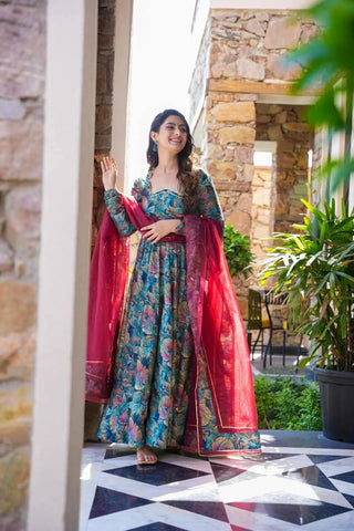 Multi Colour Designer Muslin Digital Print Kali-Cut Suit Set with Georgette Dupatta ClothsVilla