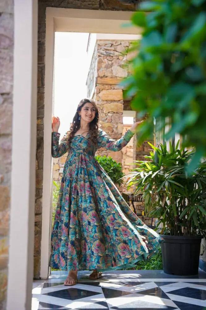 Multi Colour Designer Muslin Digital Print Kali-Cut Suit Set with Georgette Dupatta ClothsVilla