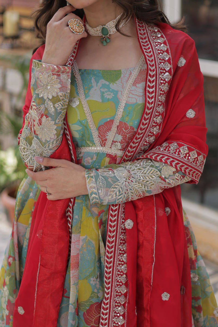 Multi Colour Designer Russian Silk Foil Embroidered Top with Sequined Dupatta Elegant Ethnic Ensemble ClothsVilla