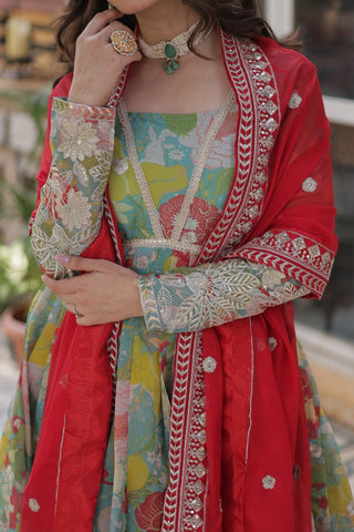 Multi Colour Designer Russian Silk Foil Embroidered Top with Sequined Dupatta Elegant Ethnic Ensemble ClothsVilla