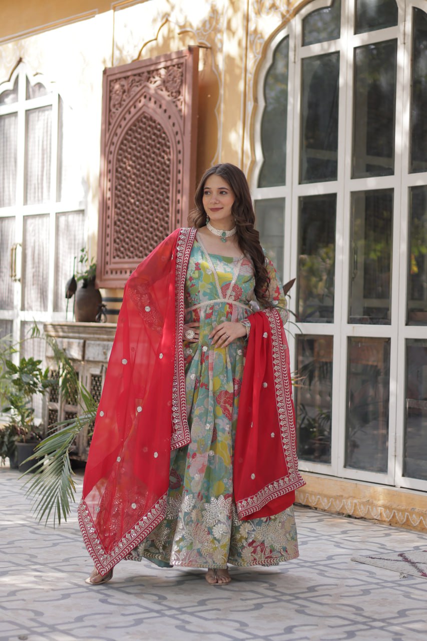 Multi Colour Designer Russian Silk Foil Embroidered Top with Sequined Dupatta Elegant Ethnic Ensemble ClothsVilla