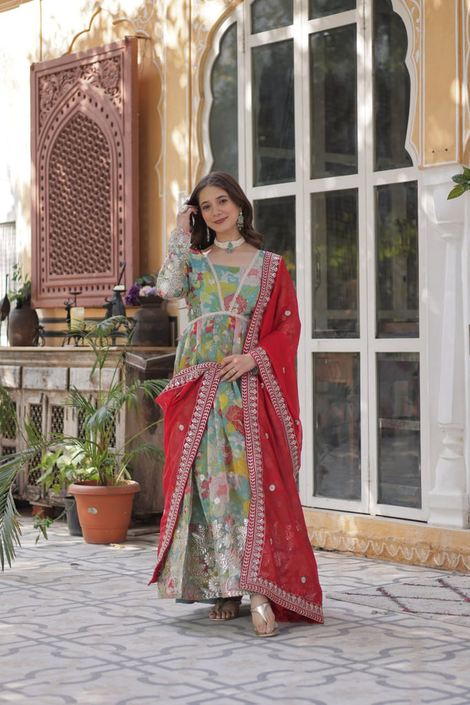 Multi Colour Designer Russian Silk Foil Embroidered Top with Sequined Dupatta Elegant Ethnic Ensemble ClothsVilla