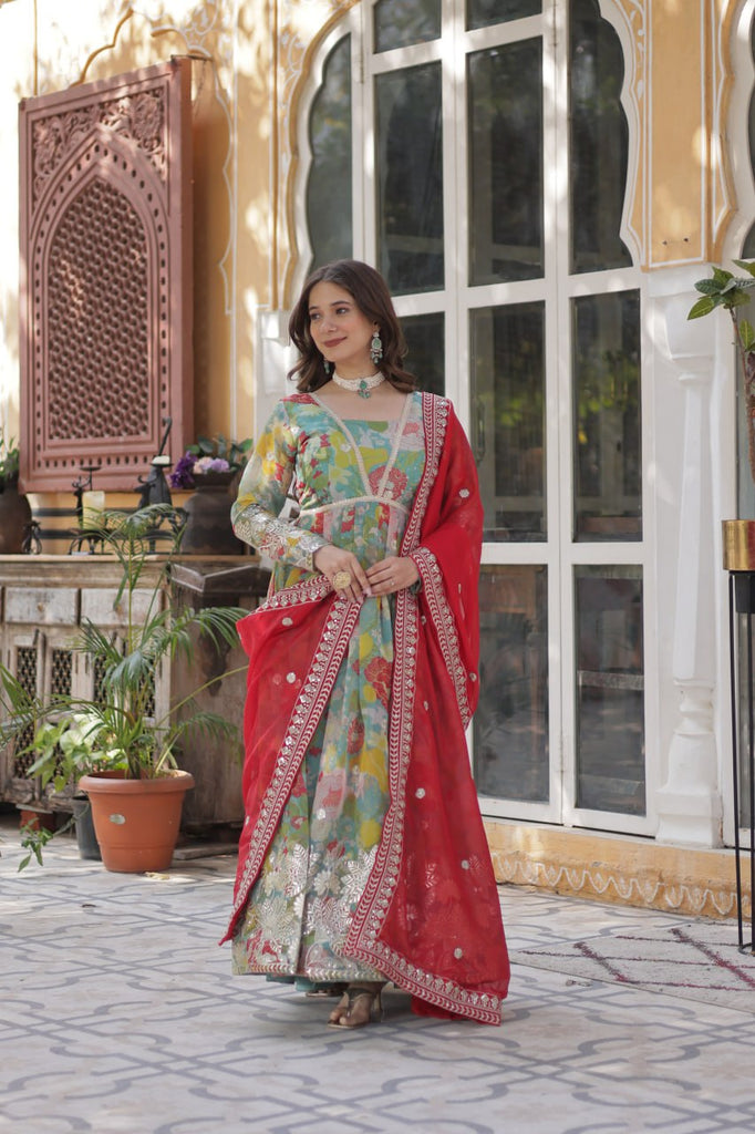 Multi Colour Designer Russian Silk Foil Embroidered Top with Sequined Dupatta Elegant Ethnic Ensemble ClothsVilla
