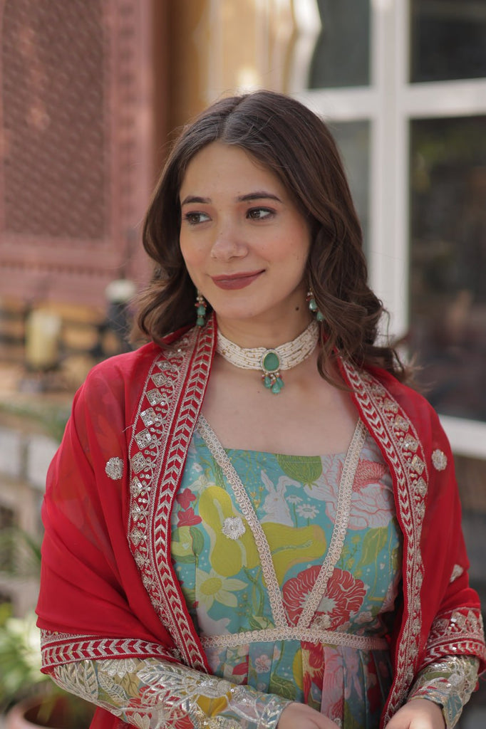 Multi Colour Designer Russian Silk Foil Embroidered Top with Sequined Dupatta Elegant Ethnic Ensemble ClothsVilla