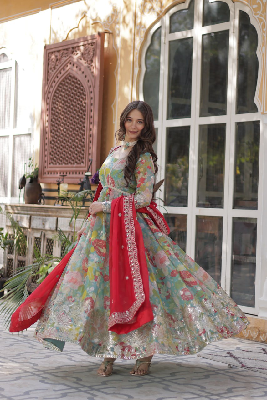 Multi Colour Designer Russian Silk Foil Embroidered Top with Sequined Dupatta Elegant Ethnic Ensemble ClothsVilla
