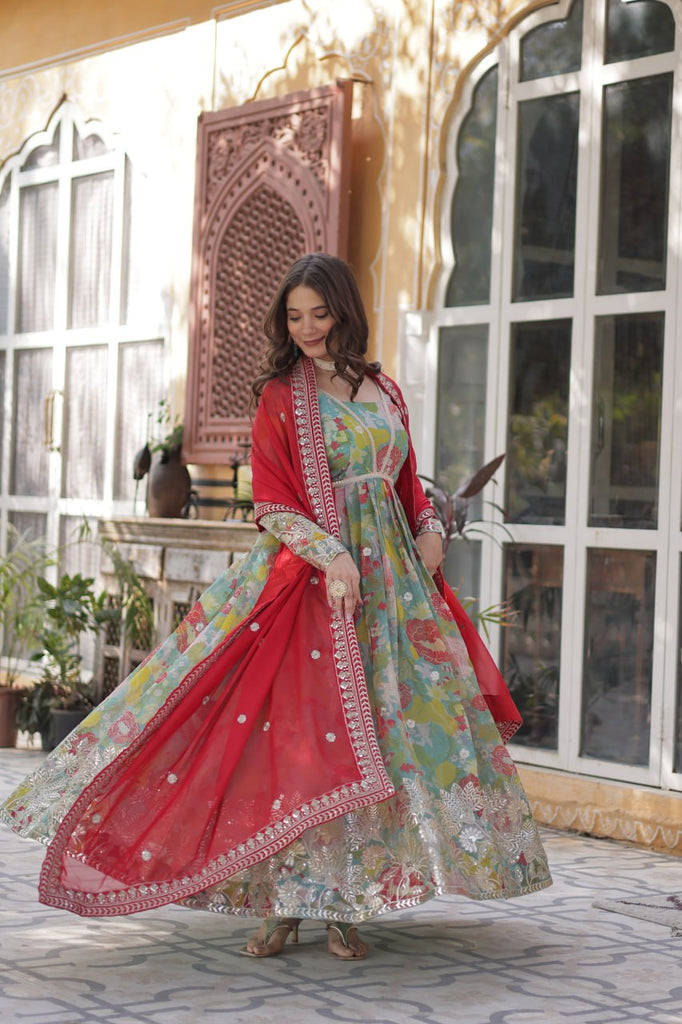 Multi Colour Designer Russian Silk Foil Embroidered Top with Sequined Dupatta Elegant Ethnic Ensemble ClothsVilla