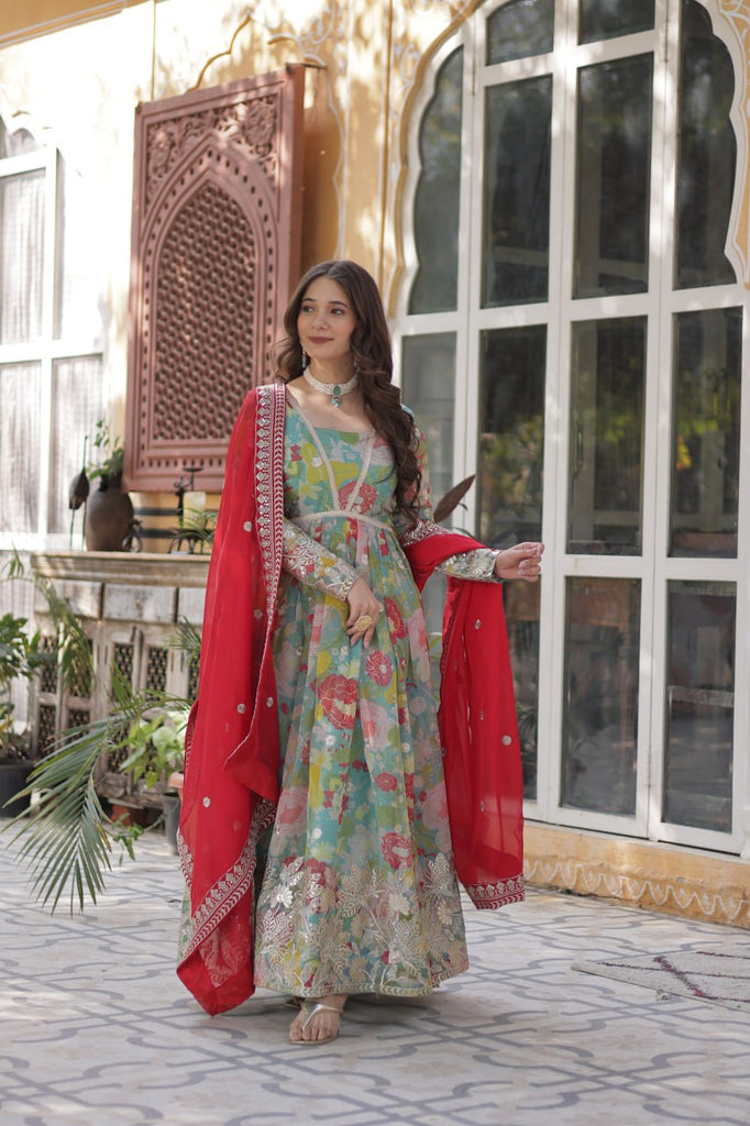 Multi Colour Designer Russian Silk Foil Embroidered Top with Sequined Dupatta Elegant Ethnic Ensemble ClothsVilla