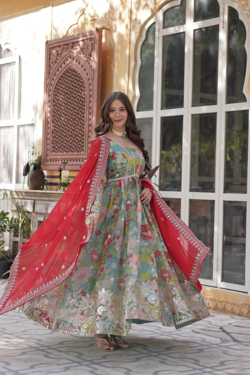 Multi Colour Designer Russian Silk Foil Embroidered Top with Sequined Dupatta Elegant Ethnic Ensemble ClothsVilla