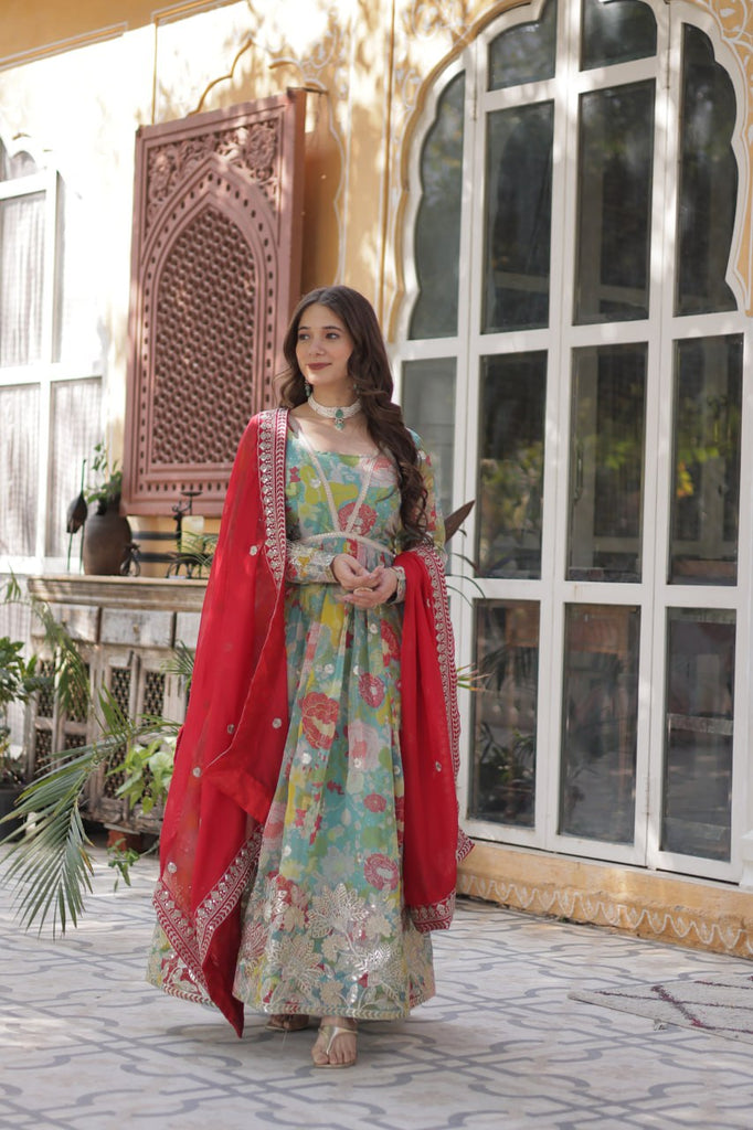 Multi Colour Designer Russian Silk Foil Embroidered Top with Sequined Dupatta Elegant Ethnic Ensemble ClothsVilla