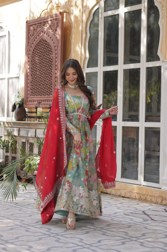 Multi Colour Designer Russian Silk Foil Embroidered Top with Sequined Dupatta Elegant Ethnic Ensemble ClothsVilla