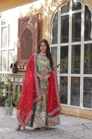 Multi Colour Designer Russian Silk Foil Embroidered Top with Sequined Dupatta Elegant Ethnic Ensemble ClothsVilla