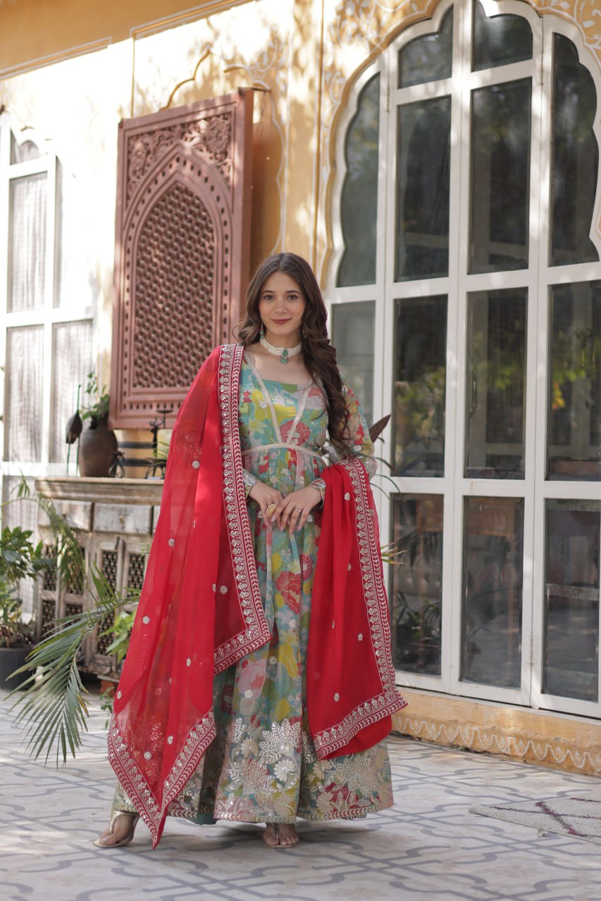 Multi Colour Designer Russian Silk Foil Embroidered Top with Sequined Dupatta Elegant Ethnic Ensemble ClothsVilla Main image