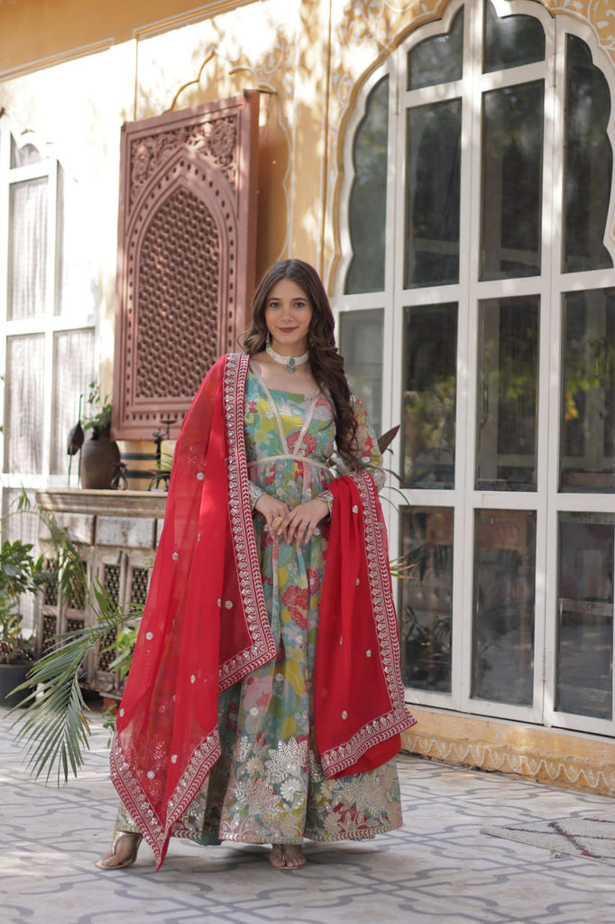 Multi Colour Designer Russian Silk Foil Embroidered Top with Sequined Dupatta Elegant Ethnic Ensemble ClothsVilla