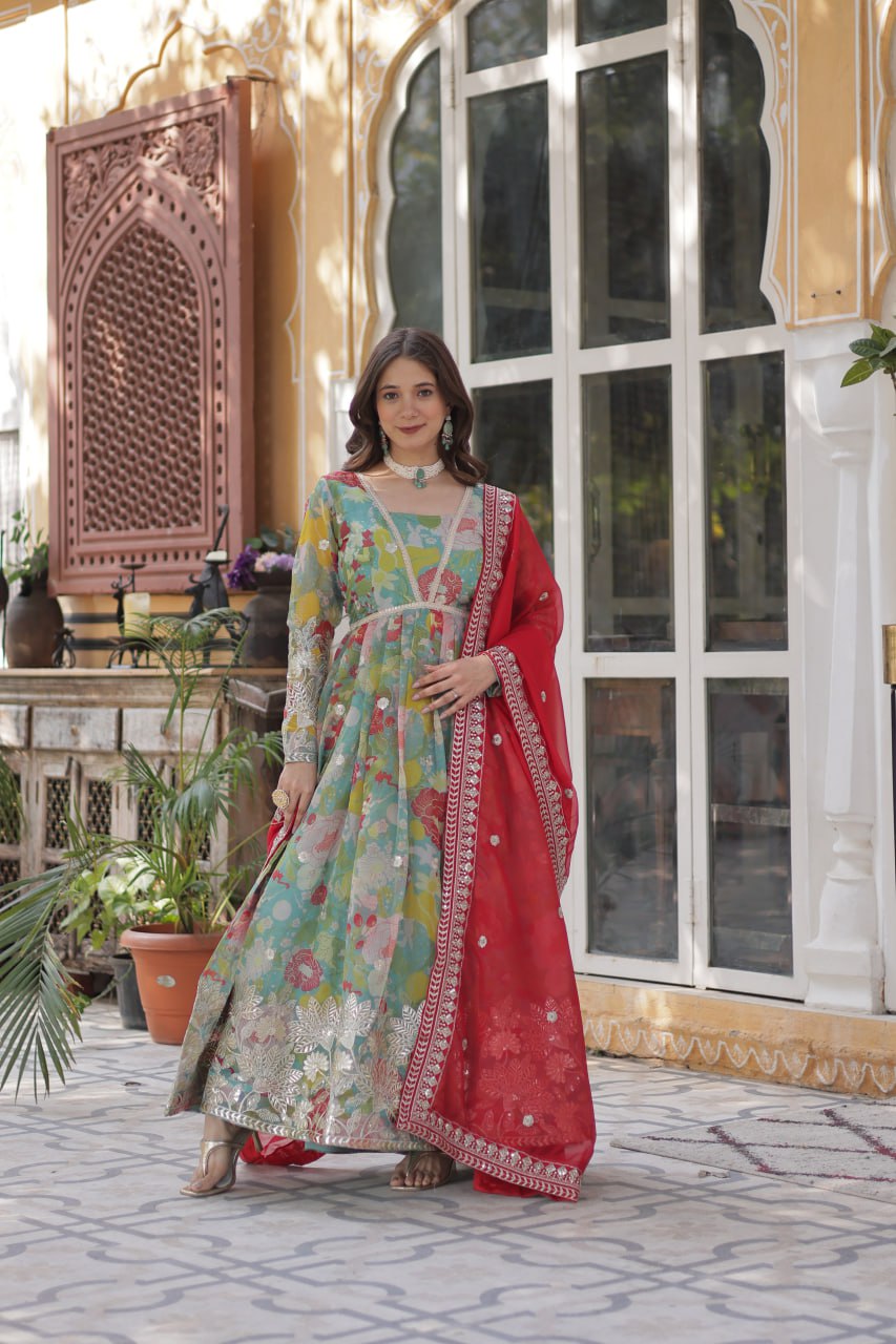 Multi Colour Designer Russian Silk Foil Embroidered Top with Sequined Dupatta Elegant Ethnic Ensemble ClothsVilla