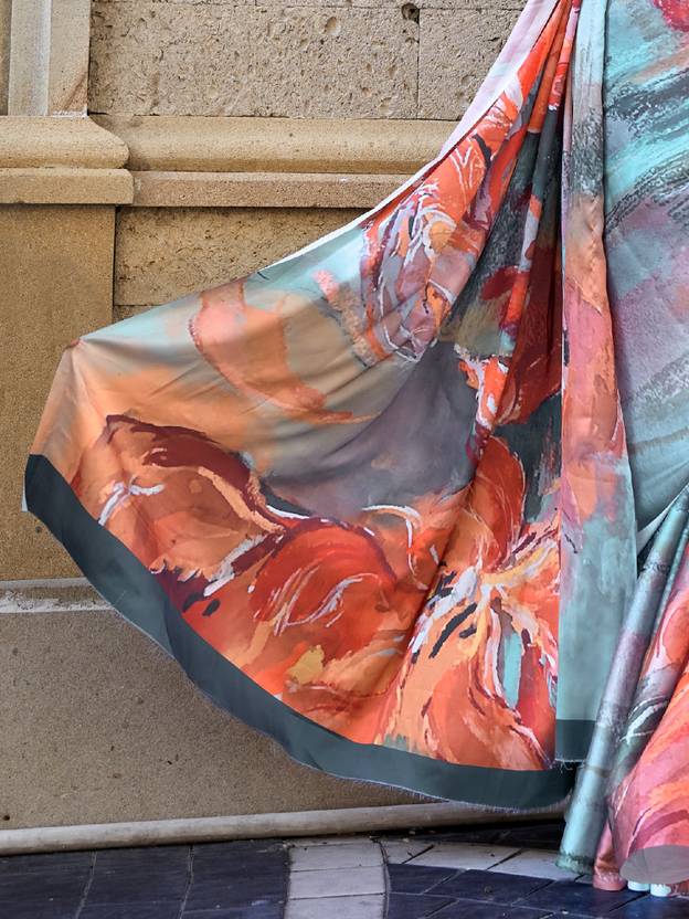 Multi Colour Digital Print Saree in Satin Silk Blend – Party & Wedding Wear ClothsVilla