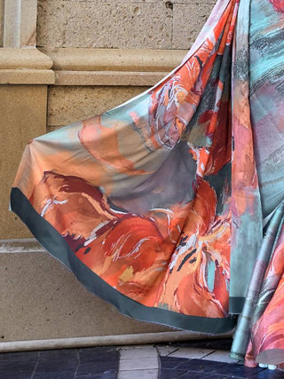 Multi Colour Digital Print Saree in Satin Silk Blend – Party & Wedding Wear ClothsVilla