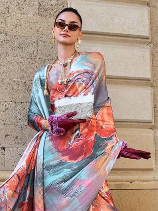 Multi Colour Digital Print Saree in Satin Silk Blend – Party & Wedding Wear ClothsVilla
