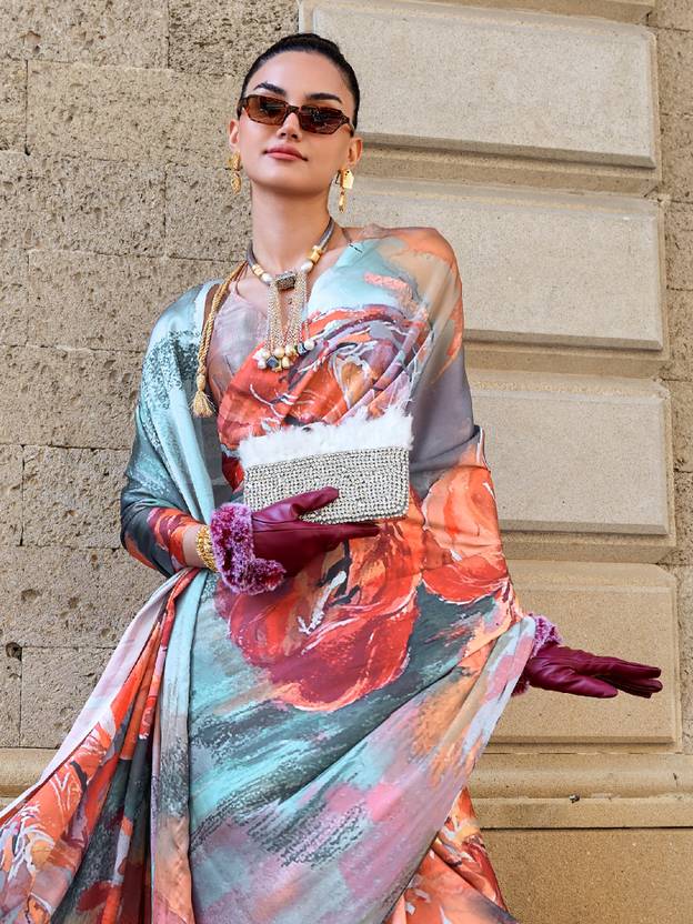 Multi Colour Digital Print Saree in Satin Silk Blend – Party & Wedding Wear ClothsVilla
