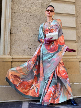 Multi Colour Digital Print Saree in Satin Silk Blend – Party & Wedding Wear ClothsVilla