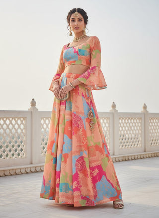 Multi Colour Digital Printed Georgette Lehenga Choli Set ClothsVilla