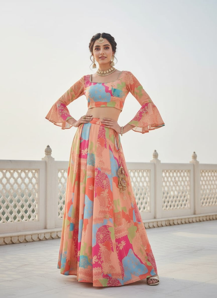 Multi Colour Digital Printed Georgette Lehenga Choli Set ClothsVilla