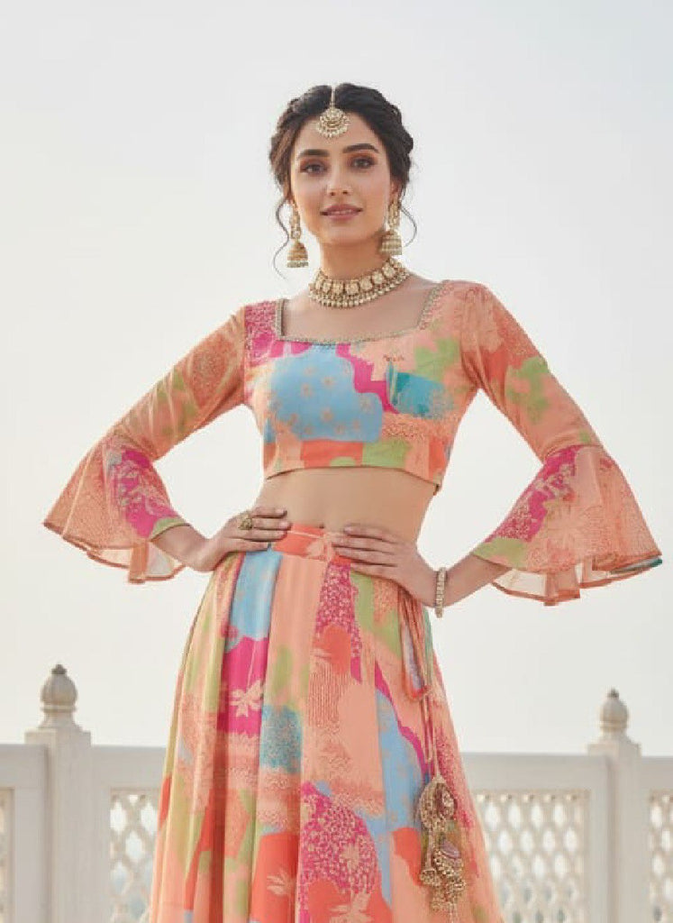Multi Colour Digital Printed Georgette Lehenga Choli Set ClothsVilla