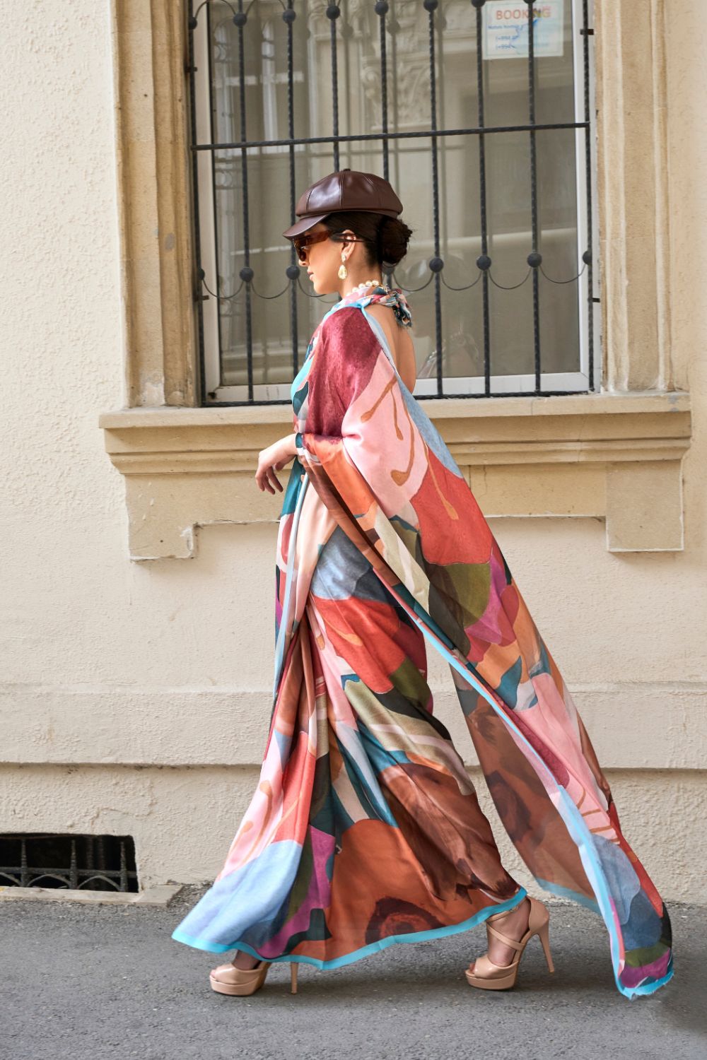 Multi Colour Elegant Bollywood Satin Printed Saree – Party & Festive Wear ClothsVilla