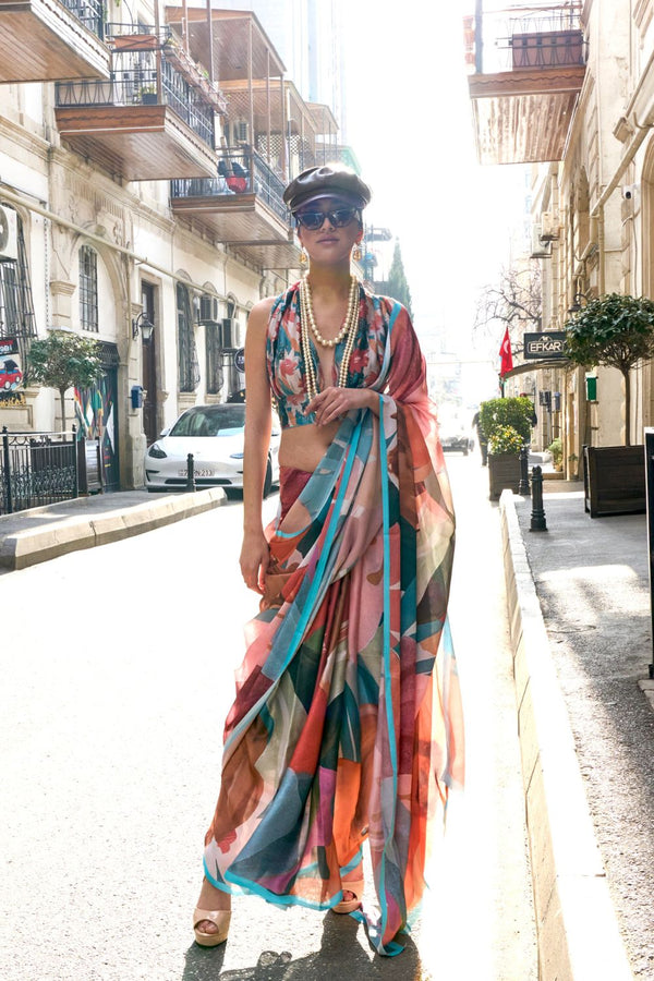 Multi Colour Elegant Bollywood Satin Printed Saree – Party & Festive Wear ClothsVilla