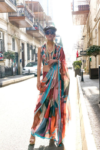 Multi Colour Elegant Bollywood Satin Printed Saree – Party & Festive Wear ClothsVilla