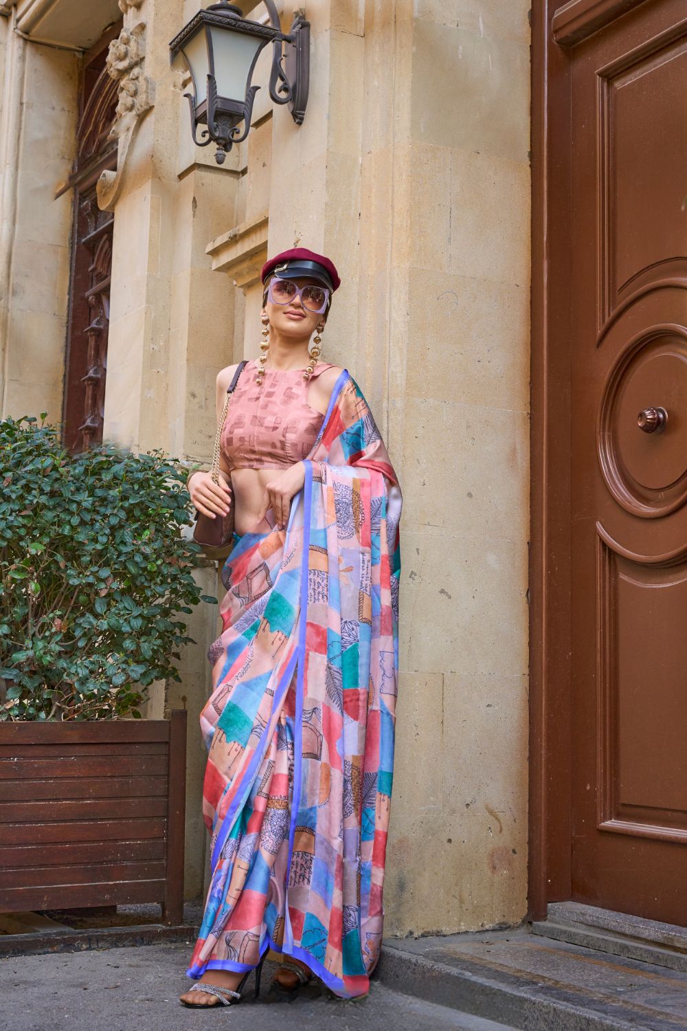 Multi Colour Elegant Bollywood Satin Printed Saree – Party & Festive Wear ClothsVilla Main image