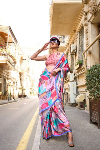 Multi Colour Elegant Bollywood Satin Printed Saree – Party & Festive Wear ClothsVilla