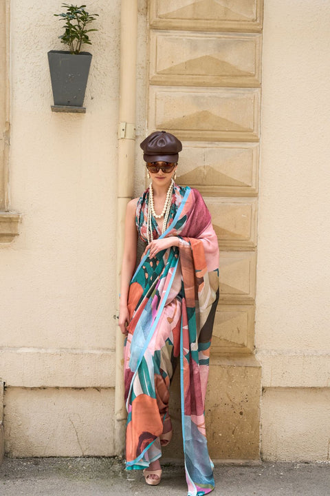 Multi Colour Elegant Bollywood Satin Printed Saree – Party & Festive Wear ClothsVilla Main image