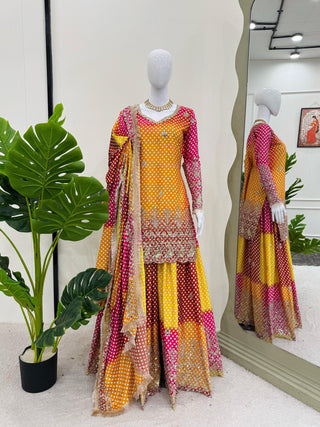 Multi colour Elegant Chinon Silk Ensemble – Exquisite Real Mirror Work ClothsVilla