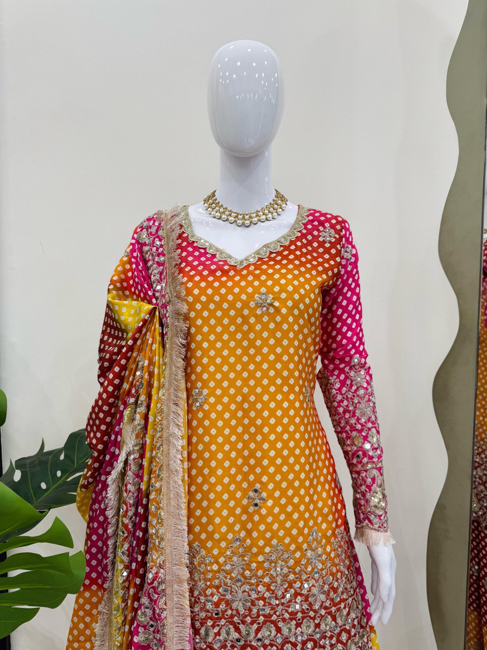 Multi colour Elegant Chinon Silk Ensemble – Exquisite Real Mirror Work ClothsVilla