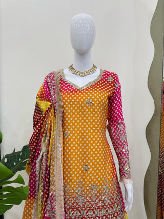 Multi colour Elegant Chinon Silk Ensemble – Exquisite Real Mirror Work ClothsVilla