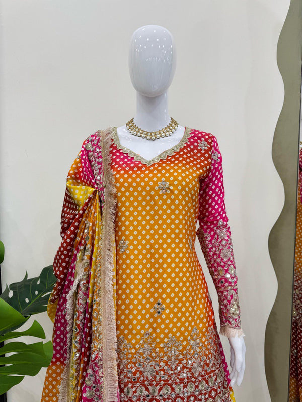 Multi colour Elegant Chinon Silk Ensemble – Exquisite Real Mirror Work ClothsVilla