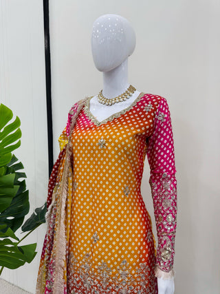 Multi colour Elegant Chinon Silk Ensemble – Exquisite Real Mirror Work ClothsVilla