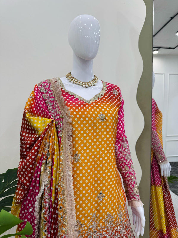 Multi colour Elegant Chinon Silk Ensemble – Exquisite Real Mirror Work ClothsVilla