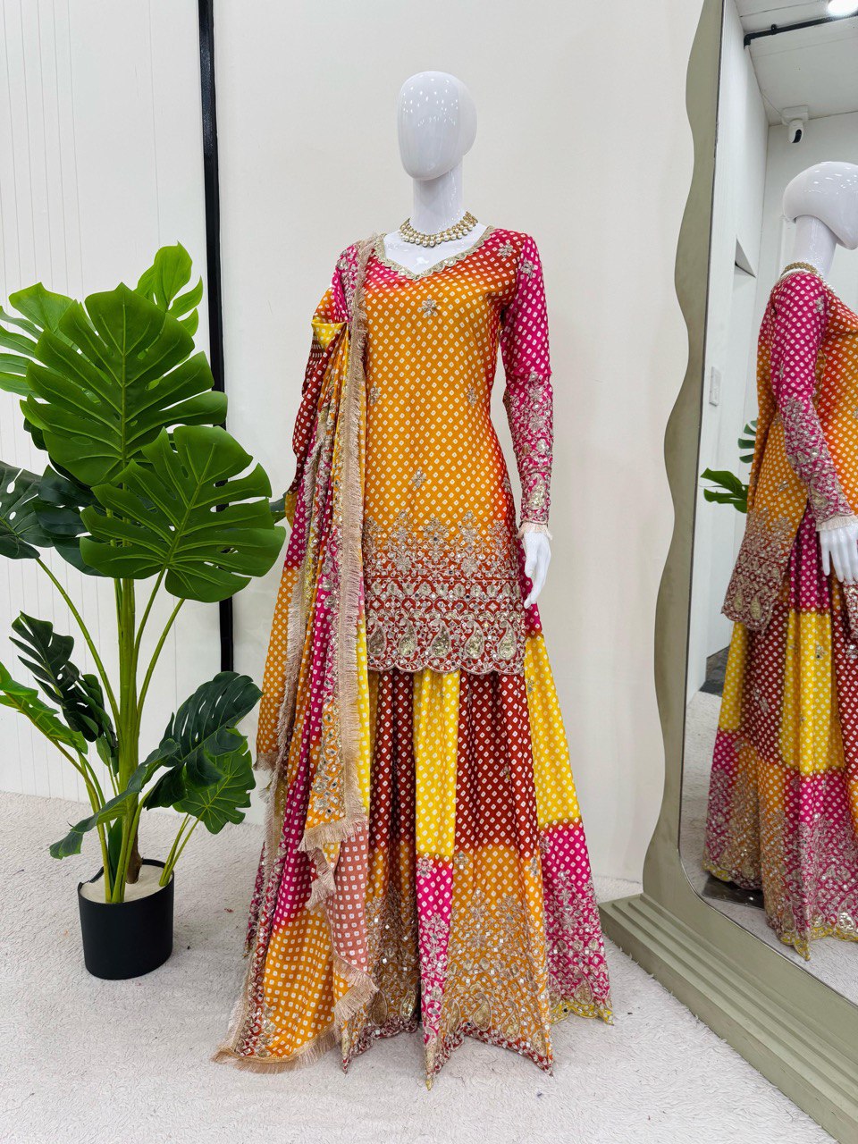 Multi colour Elegant Chinon Silk Ensemble – Exquisite Real Mirror Work ClothsVilla