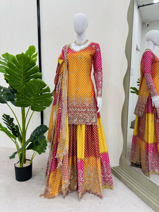 Multi colour Elegant Chinon Silk Ensemble – Exquisite Real Mirror Work ClothsVilla