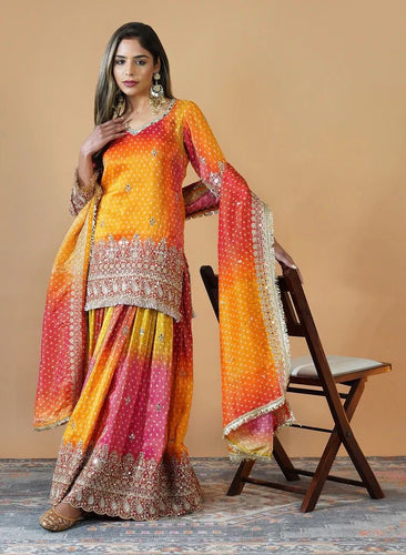 Multi colour Elegant Chinon Silk Ensemble – Exquisite Real Mirror Work ClothsVilla