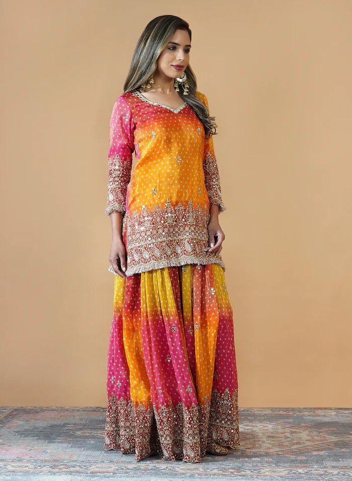 Multi colour Elegant Chinon Silk Ensemble – Exquisite Real Mirror Work ClothsVilla