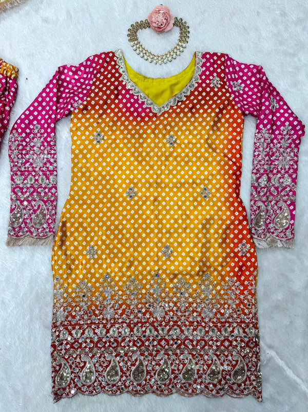 Multi colour Elegant Chinon Silk Ensemble – Exquisite Real Mirror Work ClothsVilla