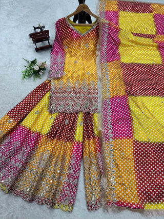 Multi colour Elegant Chinon Silk Ensemble – Exquisite Real Mirror Work ClothsVilla