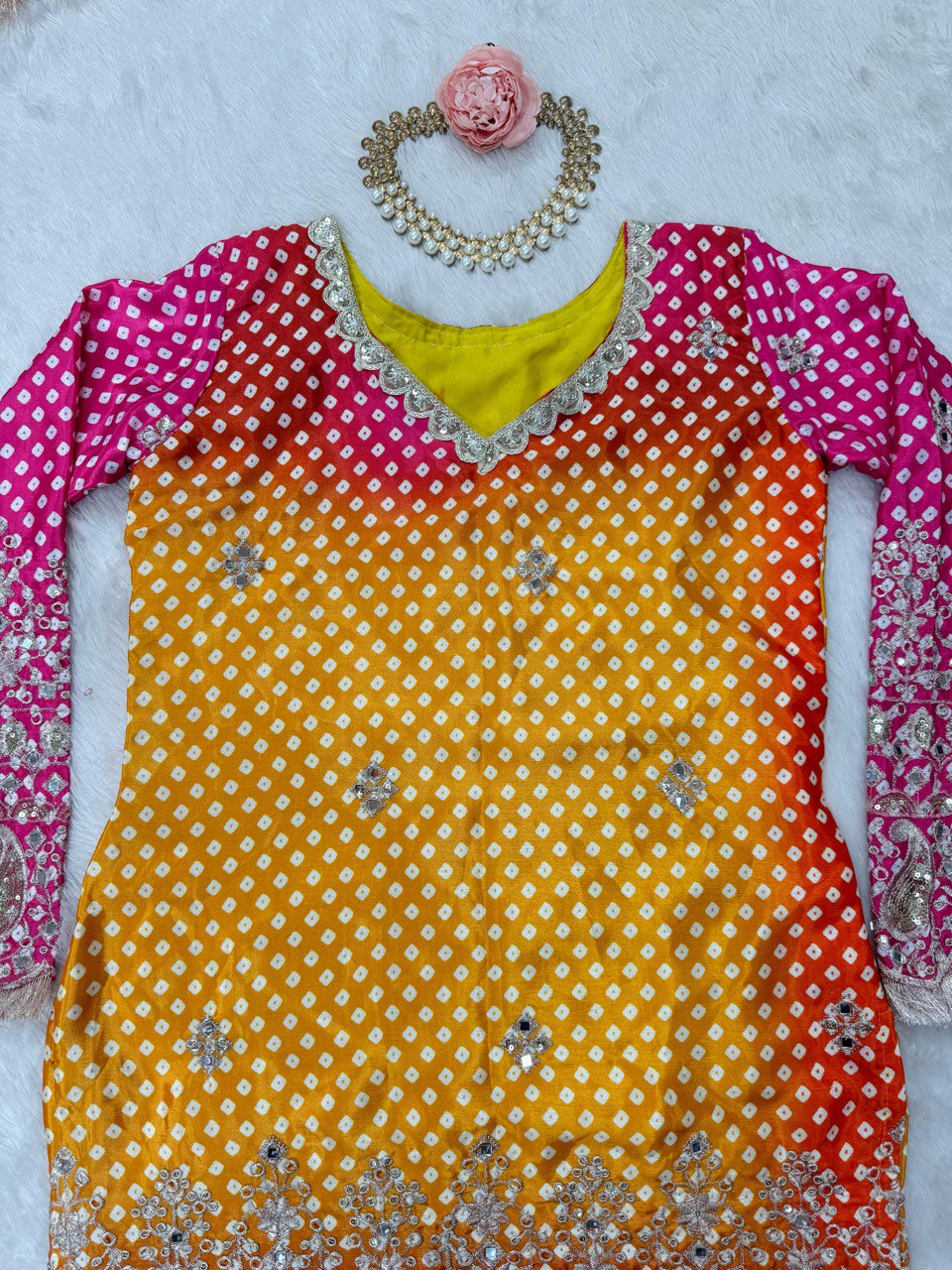 Multi colour Elegant Chinon Silk Ensemble – Exquisite Real Mirror Work ClothsVilla