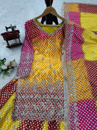 Multi colour Elegant Chinon Silk Ensemble – Exquisite Real Mirror Work ClothsVilla